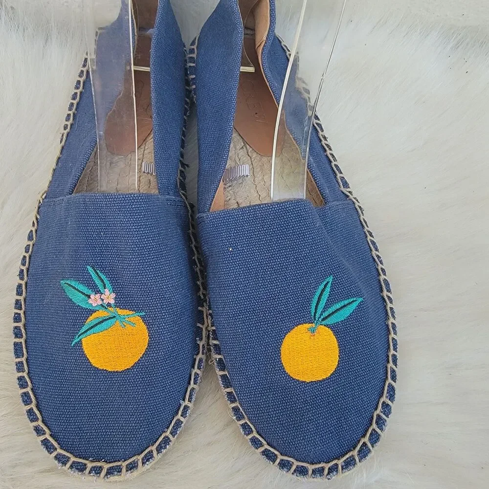 J Crew Blue/orange  Embroidered Espadrille Tropical Fruits Slip On Wmns Sz 7